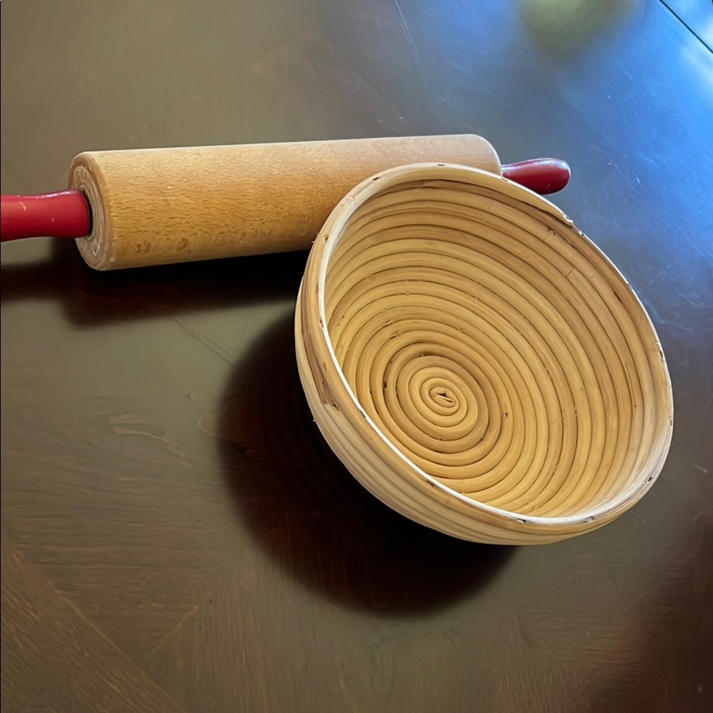 Handcrafted Wooden Cookware: Vintage Rolling Pin & Spiral Bread Proofing Basket